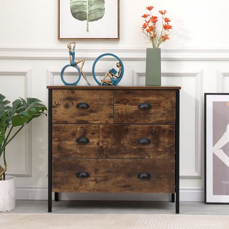 FURNITURE HMD Retro Industrial Style Bedroom Chest of 2+2 Drawers,Storage Unit for Bedroom,Burning Wood Colour,Retro Industrial Style,79x35x71cm(WxDxH) (1/5)