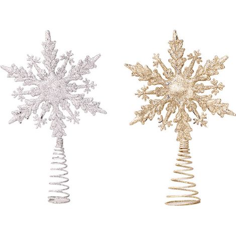Sommet de Sapin Étoile 5 Branches Flocon, Décoration Noël Brillante Paillettes Dorée et Argentée, Plastique Robuste, Lot de 2 (1/5)
