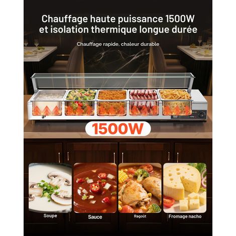 Chauffe-Plat Électrique à Vapeur 1500 W, Buffet Chauffant en INOX, Bain-Marie de Comptoir, avec 5 Bacs Gastros de 1/2 et Capot en Verre, pour Servir Buffet en Libre-Service Restauration (1/5)