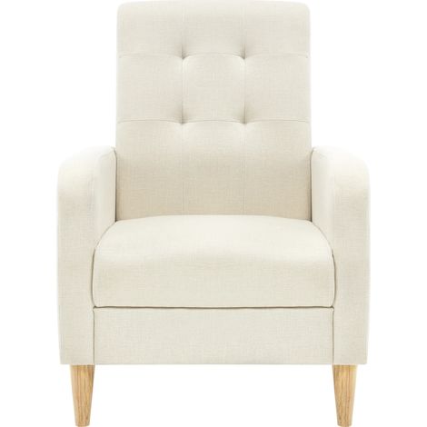 Sillón de lectura tapizado de lino beige con reposabrazos y patas de madera HOMVRA (1/5)