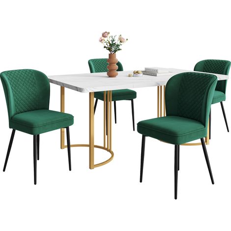 Ensemble de table et chaises 4 places 140 x 80 cm, table MDF blanche et chaises en velours vert, style moderne pour salle à manger et cuisine  CHICFURN (1/5)