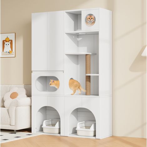Meuble pour litière chat avec 2 niches, colonne à griffer et espace repos, blanc, 140x45x195 cm (1/5)