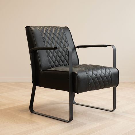 Fauteuil industriel simili cuir noir motif losanges Peter