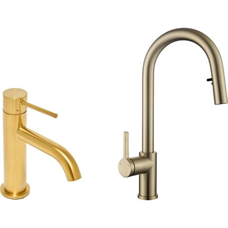 Aurum Set grifo monomando para lavabo + grifo monomando para cocina Ceramia Timeless de acero inoxidable, ducha extraíble, oro c (1/5)