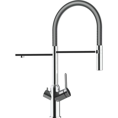 Rubinetto 3 vie miscelatore cucina cromato con canale separato per acqua filtrata, canna mollettone movibile e doccia due getti staccabile - serie BOD (1/5)