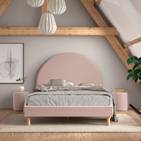 Lit 140x200 cm avec 2 chevets en tissu bouclé rose clair - LUNA
