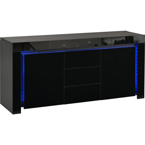 Mueble bajo de salón 140 x 40 x 65 cm en MDF negro alto brillo con 2 puertas, 3 cajones y LED (1/5)