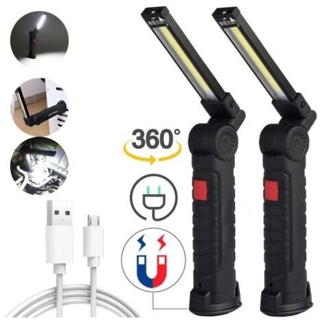 Lampe de Poche Lampe de Travail Rechargeable Lampe Atelier COB Torche avec Base Magnétique 5 Modes Camping Lampe pour Garage, Camping, d'urgence, etc (Noir, 2 Pièces) (1/4)