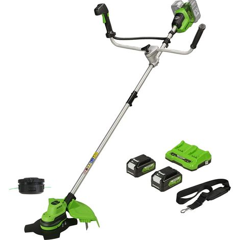 Greenworks48V(2x24V)Decespugliatore a Batteria con Motore Brushless,Imbracatura,Manubrio,Ampiezza di Taglio 38cm,Filo Nylon2mm,Lama 25cm,2xBatterie 24V 4Ah e Caricabatterie,Garanzia 3Anni GD24X2BCBK4x (1/5)