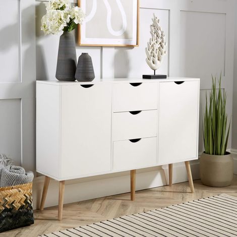 Sideboard White Storage Cabinet 2 Door 3 Drawer Cupboard Solid Wood Legs Scandi (1/5)