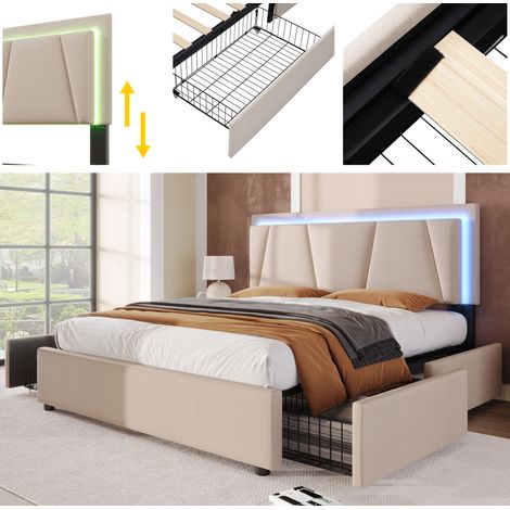 (=808182AAB) Lit capitonné avec éclairage LED et 4 tiroirs, tête de lit réglable en hauteur, lit double 160x200cm, cadre de lit avec rangement, sommier à lattes en bois, beige (sans matelas) (1/5)