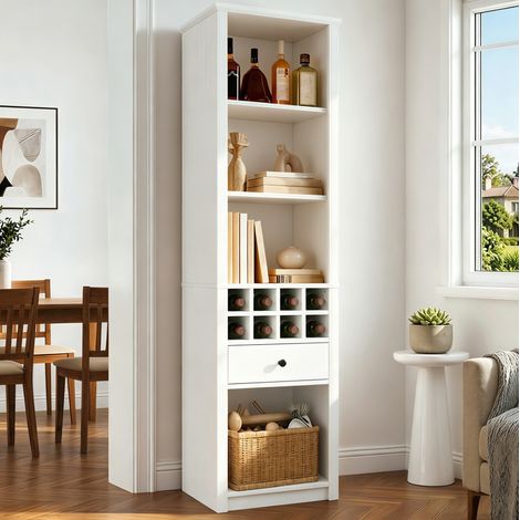 REDOM vitrina estrecha 55x40x200 cm, con LED USB, 12 compartimentos y 1 cajón, MDF blanco (1/5)