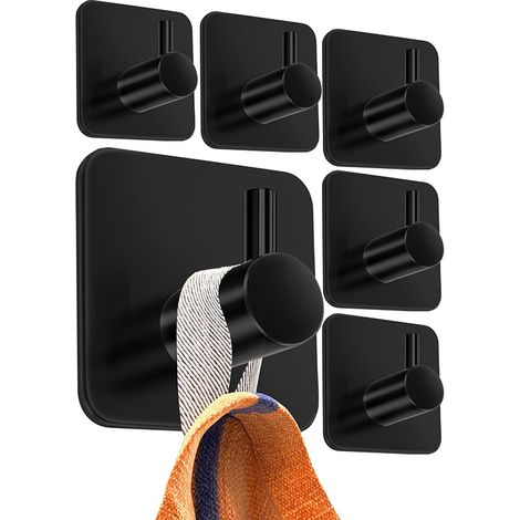 Juego de 6 ganchos de pared autoadhesivos para toallas de baño, cocina, perchero en acero inoxidable negro