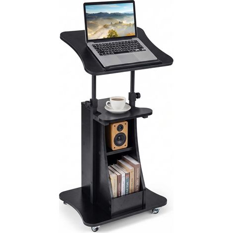 Podium Pupitre Réglable en Hauteur, Bureau de Table pour Ordinateur Portable, Plateau Inclinable, Étagère & Compartiments, Conférence (Noir) (1/5)