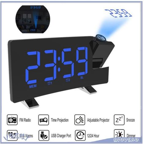 Réveil multifonction avec projection, radio FM et port de chargement USB, bleu, outillage baladeuse (1/5)