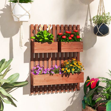 Jardinière verticale à claire-voie avec 3 pots amovibles. En bois de sapin. 60 x 16 x 80 cm. Brun.