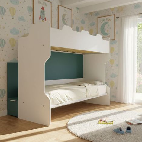 Letto a castello con scala contenitore e terzo letto estraibile - Cameretta salvaspazio - Bianco e Petrolio