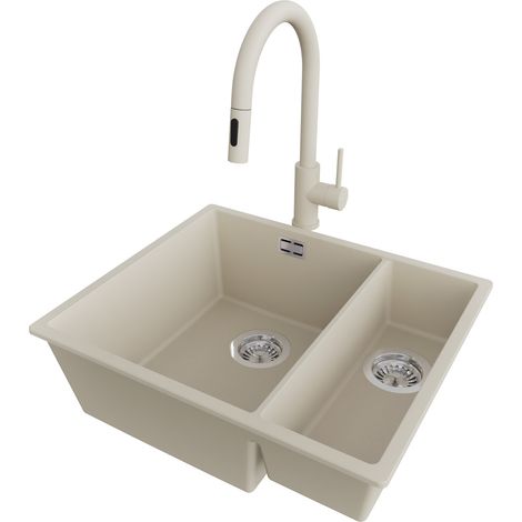 PRIMAGRAN Evier Cuisine en Granit 56x47cm,Lavabo 1,5 bacs + Robinet 40x20cm + Kit de Vidage, Évier à Encastrer au meuble 60cm - London Slim Duo, Beige (1/5)