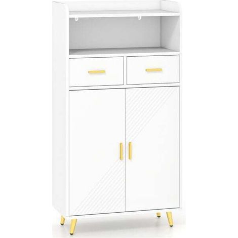 Buffet de rangement blanc avec 2 tiroirs, 2 portes, niche ouverte et étagère réglable pour cuisine, salle à manger et salle de bain (1/5)