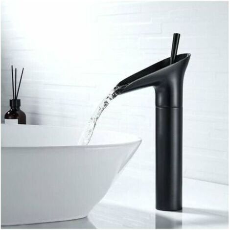 Robinet de lavabo noir à bec cascade – Finition en laiton poli à l'huile – Économie d'eau 30% – Installation facile avec raccords flexibles (1/5)