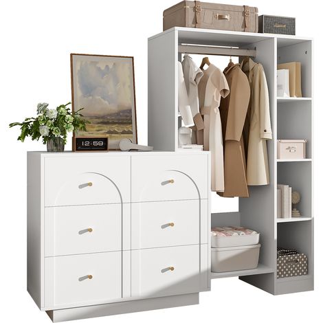 Armoire penderie ouverte multifonction avec barre de suspension, 6 tiroirs, étagères latérales, en panneau de particules, blanche, 139 x 35 x 133 cm - CHICFURN (1/5)