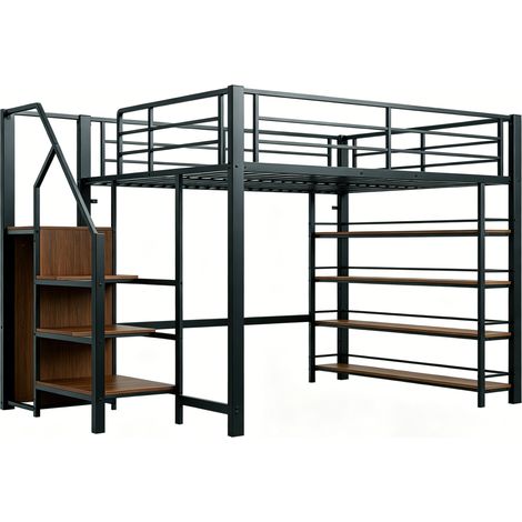 Lit mezzanine en métal noir 140x200 avec échelle de rangement, armoire et étagères (1/5)