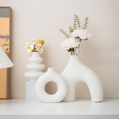 Ensemble de 3 vases en céramique aux formes géométriques irrégulières – Style bohème – Accessoires de table décoratifs de différentes tailles (1/5)