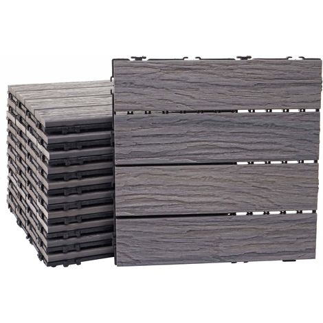 WPC Bodenfliese HHG-167, Holzoptik Balkon/Terrasse, 3D-Struktur linear antik-braun, 11x je 30x30cm = 1qm