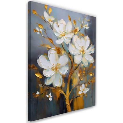 Tableau déco Fleurs peintes en blanc sur fond d'or 40x60 (1/5)