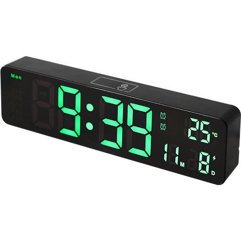 Einfache, multifunktionale Wanduhr mit LED-Beleuchtung und lautlosem Wecker für Zuhause – schwarzes Gehäuse mit grüner Beleuchtung