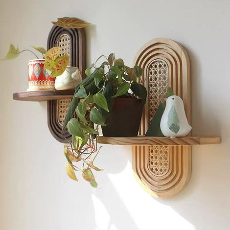 JSSEVN - Set of 2 Bohemian Style Floating Rattan Wall Shelves - Unique Small Decorative Shelves - Natural Wood (1 x Brown, 1 x Natural Wood) (1/5)