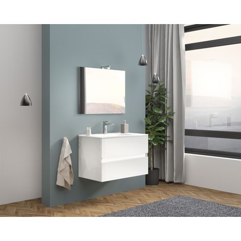 Arredo Bagno Mobile Sospeso Bianco 80 Moderno con Lavabo Specchio Lampada Easy