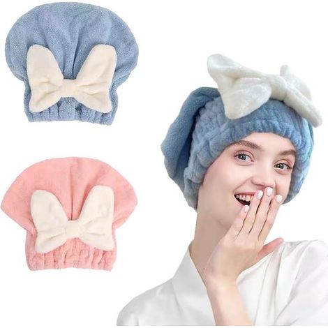 Set di 2 asciugamani per capelli in microfibra super assorbenti per donna:,ideale per il "metodo dello chignon" (blu e rosa),microfibra,rosa,blu (1/2)