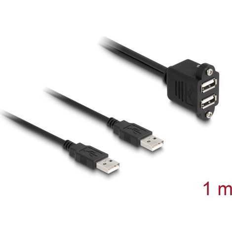 Delock 88105 usb 2.0 cable 2 x usb tipo-a macho para 2 x usb tipo-a hembra con tuercas de rosca para integraciÓn 1 m negro