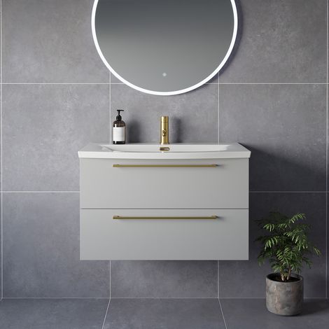 Napoli 390 Gloss Grey Pearl 800mm Wall Mounted 2 Drawer Vanity Unit with Arc Basin - 800mm - Brushed Brass 480mm Handle