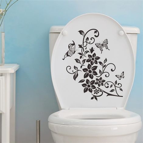 Autocollants en PVC pour abattant de toilettes Motif fleurs noires et papillons (1/5)