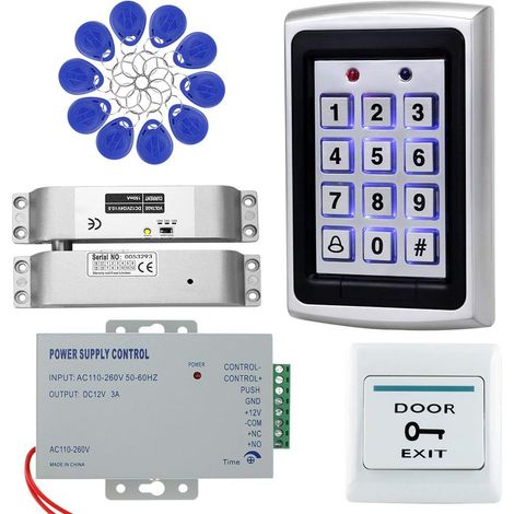 Système Complet de Contrôle d'accès à Domicile Kit Metal 1000 Utilisateurs Clavier + DC 12V Verrouillage électrique + Alimentation 12V 3A + Bouton + 10pcs RFID Bleu 125KHz Porte-clés (1/5)