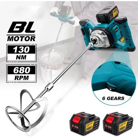 Malaxeur électrique sans fil compatible Makita 18V – moteur brushless – 6 vitesses réglables – pour plâtre, ciment et peinture(2 batteries)