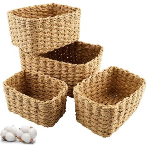 Ensemble de 4 Panier Rangement, Empilable, Corde Papier Tressé, Brun Foncé, Salle de Bain Cuisine