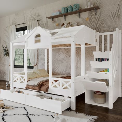 Letto a castello in legno bianco 90x200/140x200 cm con 2 cassetti, scala contenitore e rete a doghe inclusa (1/4)