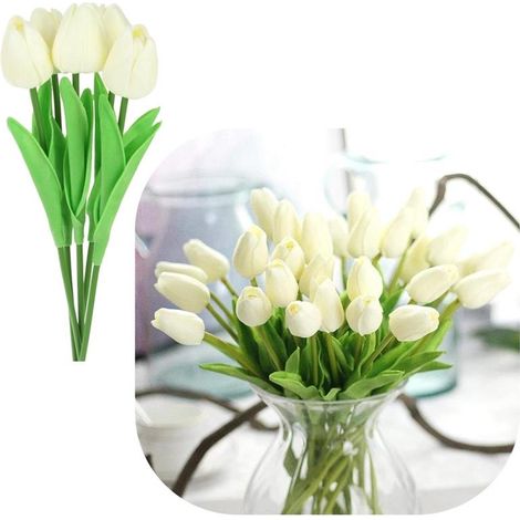 Tulipanes artificiales de silicona de 34 cm, plantas decorativas para jarrón, 5 unidades, color crema (1/5)