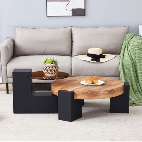 Mesa de centro redonda de 2 niveles con mesa auxiliar, cristal marrón transparente, MDF negro DESVIAE (1/5)