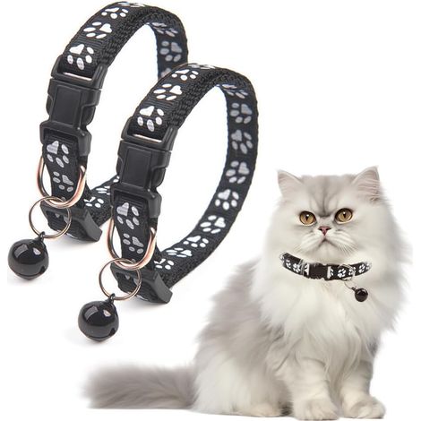 Collar antiestrangulamiento para gatos, 2 unidades, ajustable, reflectante, con cascabel y hebilla de seguridad, 19-32 cm, color negro (1/5)
