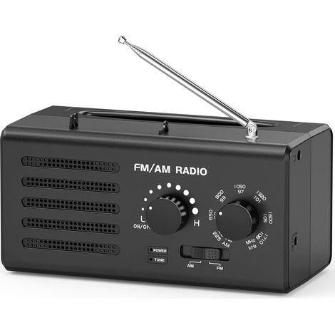 Anwendbares tragbares AM/FM-Radio mit ausgezeichnetem Empfang, eingebautem Lautsprecher, Kopfhöreranschluss und USB. Batteriebetrieben, ideal für zu Hause, im Freien und Notfälle. (Schwarz)
