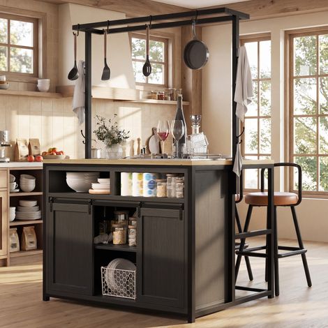 Mobile cucina 107x62x183 cm, con piano di lavoro, prese integrate, vani aperti, ante scorrevoli, MDF metallo nero (1/5)