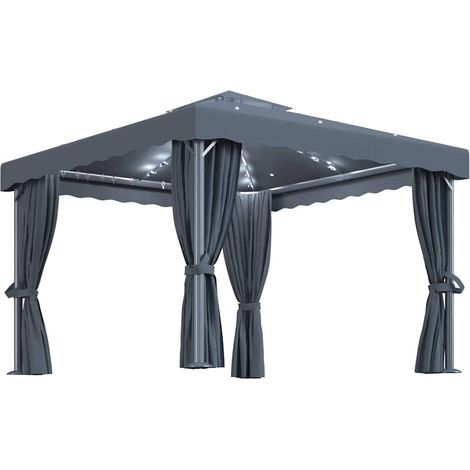 vidaXL Cenador con cortina y tira de luces aluminio antracita 3x3 m (1/2)