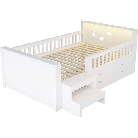 Letto bambino 90x200 cm bianco con cassetti, sponde, scale e luci LED HOMVRA (1/5)