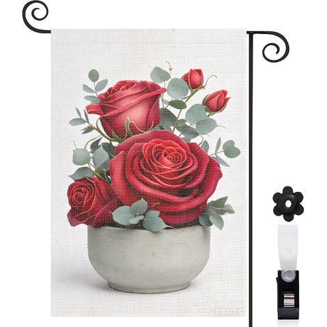 Bannière de cour roses rouges et feuilles vertes 30 x 45 cm décoration porche et extérieur (1/5)