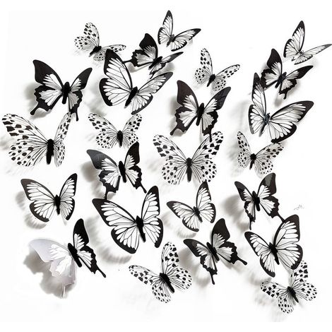 24 pegatinas de pared 3D con estampado de mariposas en blanco y negro para eventos, fiestas, salas de estar, dormitorios y armarios - Pegatinas decorativas de pared (1/5)
