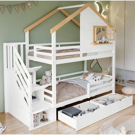 Lit superposé 254x95x237.5 cm blanc et naturel en pin et MDF avec escalier de rangement (1/5)